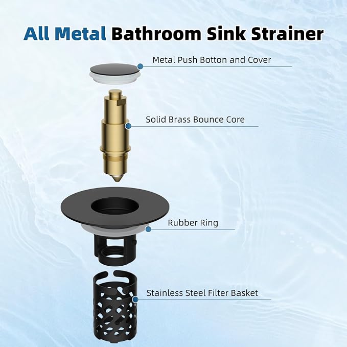 iFealClear All Metal Bathroom Sink Stopper, Pop Up Sink Drain Strainer with Removable Stainless Steel Filter Basket, Universal for 1.1"-2.36" US Sink, Brass Bounce Core, Hair Catcher, Matte Black