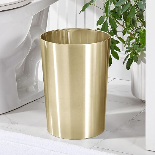 mDesign Stainless Steel Round Metal Trash Can, Small 4 Gallon Wastebasket, Garbage Basket Bin for Bathroom, Bedroom, Kitchen, or Home Office, Holds Waste and Recycle, Mirri Collection, Soft Brass