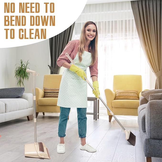 Broom and Dustpan Set with Long Handle, Light Weight Stainless Steel Poles Stand Upright Dustpans with Broom Combo for Home Kitchen Office Pet Dog Hair, Brown & Beige Color, 1-Pack