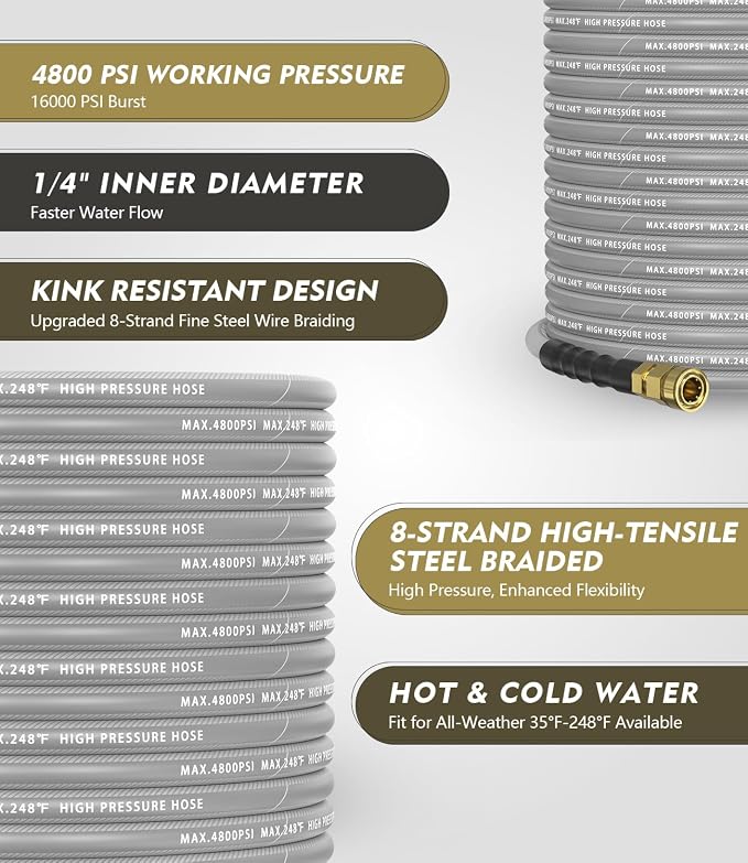 Pressure Washer Gun and Hose Kit, 4800PSI Steel-Braided & Durable - Flexible & Kink-Resistant Power Washer Hose 100 FT with 3/8" Swivel Quick Connector and M22 14mm Adapters Replacement