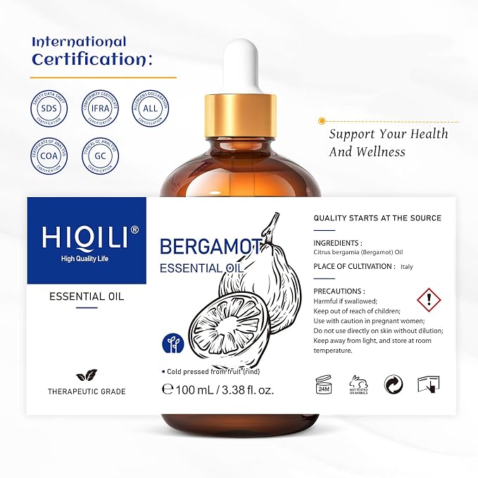 HIQILI Bergamot Essential Oil for Diffuser, Skin & Hair | Creates a Calming Atmosphere for Home and Office, Works for Skin, DIY and More, with 10ml Travel Bottle -100ml / 3.38 fl oz