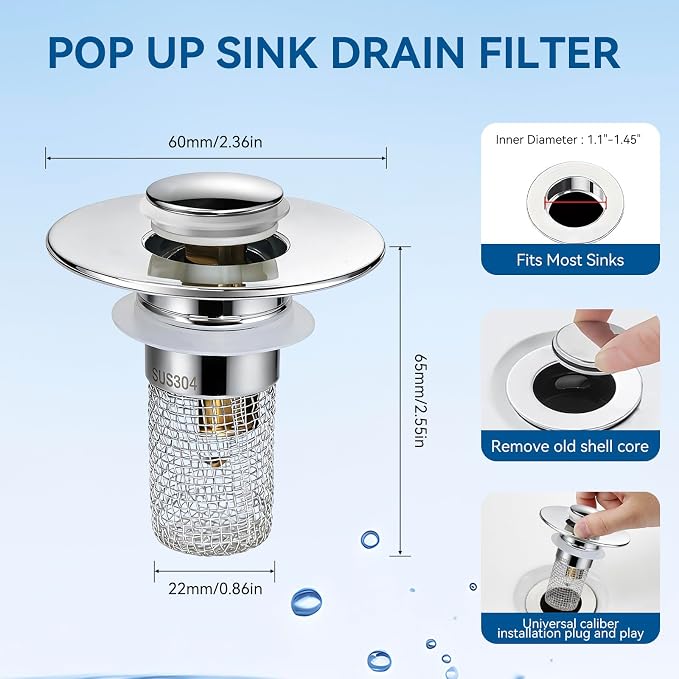 Universal Bathroom Sink Stopper & Hair Catcher, Stainless Steel Drain Filter Strainer, Anti-Clog Pop Up Drain Stopper for US Standard Bathroom Sinks(2PCS)