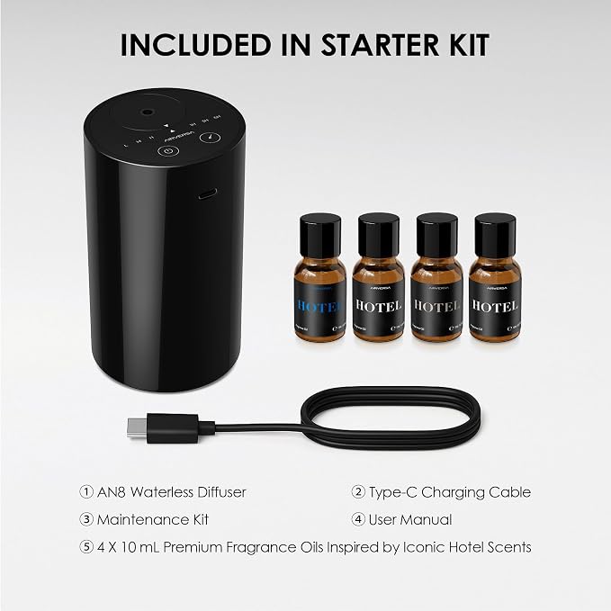 Airversa AN8 Waterless Essential Oil Diffuser Starter Kit, Black | 4 x 10mL Hotel Scent Fragrance Oi, Up to 600 sq ft, Battery Operated, Portable for Home Car Office, AN8Kit-4x10-01