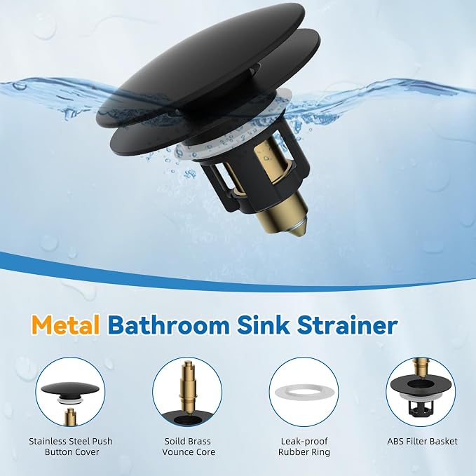 2 Pack Universal Metal Bathroom Sink Stopper, Hair Catcher Strainer, Black | Pop-Up Sink Drain Strainer with Detachable Filter, Drain Plug Fits 1.1"-2.36" US Basin, Large Cover Cap, Brass Bounce Core
