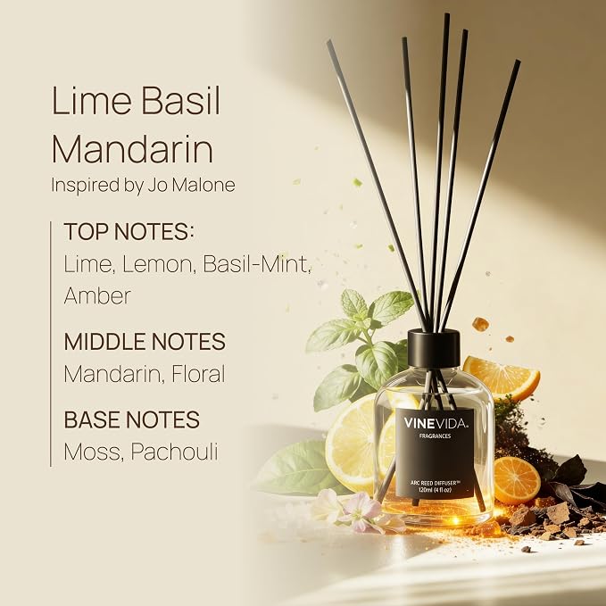 VINEVIDA Reed Diffuser Lime Basil & Mandarin | Diffuser Reed for Home & Bathroom | Long-Lasting Scent Sticks Set | Oil Stick Diffuser | Bathroom Scent
