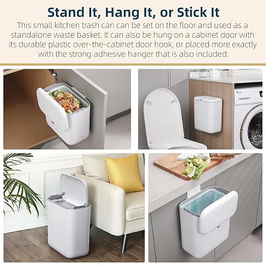 MUEE Hanging Trash Can with Lid for Kitchen, Garbage Can 1.8 Gal/6.8L | Food Waste Bin for Counter Top or Under Sink, Mountable Garbage Can for Cupboard/Bathroom/Bedroom/Office/RV, Matte White