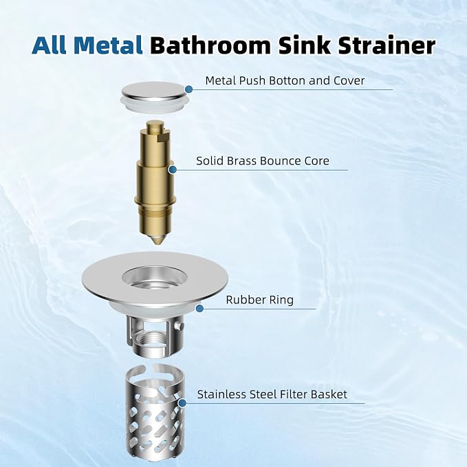 iFealClear 3 Pack All Metal Bathroom Sink Stopper, Pop Up Sink Drain Strainer with Removable Stainless Steel Filter Basket, Universal for 1.1"-2.36" Sink, Brass Bounce Core, Hair Catcher, Chrome