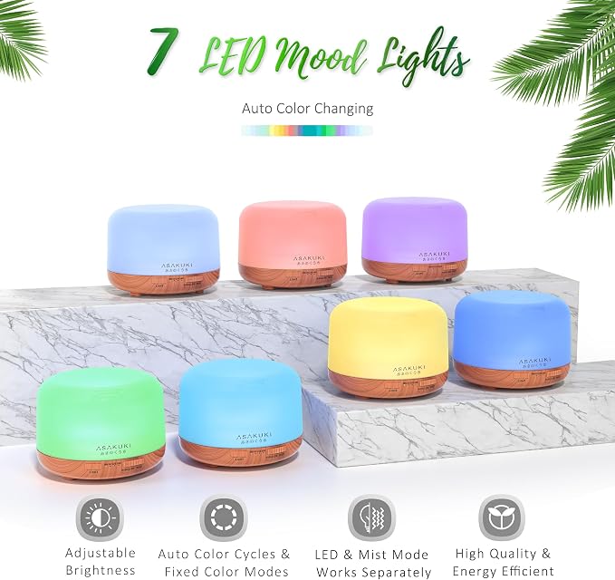 ASAKUKI Oil Diffuser with Essential Oils Set, 500ml Aromatherapy Humidifier | with 14 LED Colors & Auto Shut-Off - 6 Oil Gift Pack(Lavender Eucalyptus Tea Tree Orange Peppermint Lemongrass)