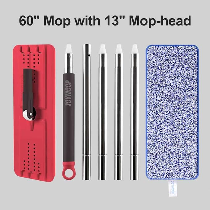 JOYMOOP Flat Mop Replacement Set, Microfiber Cleaning Tool with 60" Handle and Flexible 13" Head, Black & Red, for Floor and Wall Cleaning