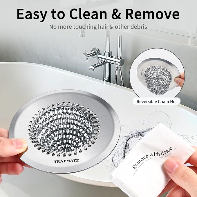 TRAPMATE Shower Drain Hair Catcher, 4.4" Anti-Clogging Bathtub Drain Cover | Easy Clean, Anti-Slip, Clog Prevention, Fast Drainage, Reversible, No Rust, For Showers & Bathtubs, Universal Size, Patented