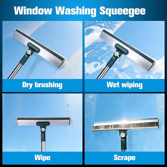 Window Cleaning Kit Tool with Storage Bucket & Extension Pole | Window Washing Kit with Extension Pole,Professional Windows Washer Cleaner Squeegee Kits,Indoor&Outdoor High Windows