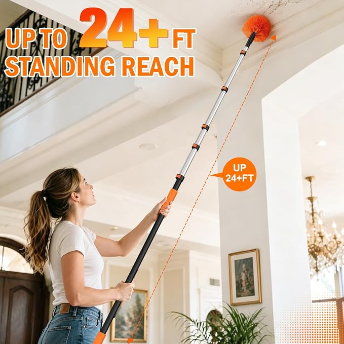 LAANPOLE 30FT High Reach Duster Cleaning Kit with Extension Pole, High Ceiling Fan Cleaner Duster Tool for Fan Blades, Window Washing Kit with Microfiber Feather Duster & Window Squeegee
