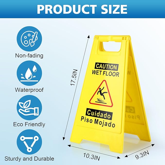 4-Pack Caution Wet Floor Sign,17.5" Height,Bright Yellow Double-Sided Folding A-Shaped Frame Design, Bilingual Caution Message