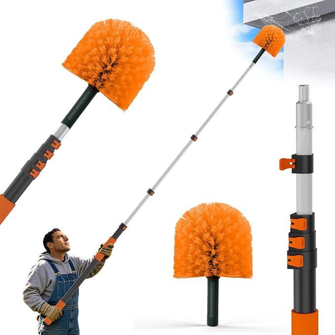 Buyplus 26FT Reach Cobweb Duster, Outdoor Spider Web Cleaner Brush with Professional 5-20FT Extension Pole, Non-Shedding Fluffy Bristles, Suitable for Ceiling and Corner Dusters for Indoor and Outdoor