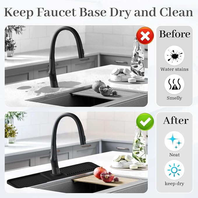 PoYang 24 Inch Faucet Mat for Kitchen Sink Splash Guard Behind Faucet, Sink Protectors for Kitchen Sink Faucet Mat Splash Guard for Kitchen Sink Area, Longer Silicone Faucet Guard Draining Mat, Black