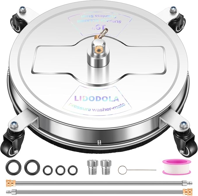 LidoDola 19'' Pressure Washer Surface Cleaner, Power Washer Accessory | Stainless Steel Housing with 4 Wheels, 1/4" QC, 2 Extension Wands & 2 Replacement Nozzles, for Gas & Electric Pressure Washer