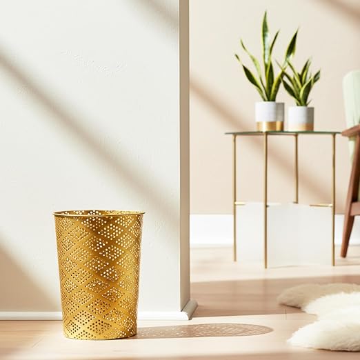 Metal Gold Trash Can, Modern Cylindrical Waste Bin for Small Spaces | 7.28" D x 10" H Luxury Gold Garbage Can | Metal Waste Basket for Office Bathroom Bedroom Decor | Modern Home Accent