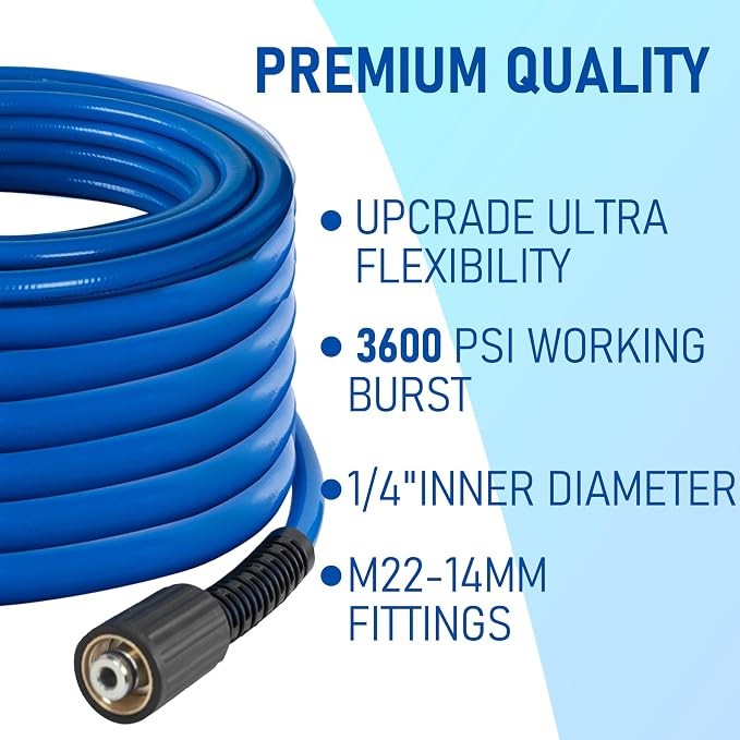 Hourleey Pressure Washer Hose 100 FT, 3600 PSI Flexible Kink Resistant Power Washer Hose Replacement, 1/4" Quick Connect Pressure Hose Extension With Leak-Free M22 x 3/8", Blue