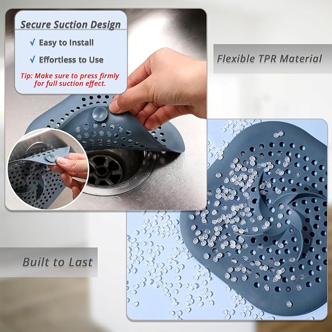 Drain Cover with Suction Cups, 5.9" Flat Square Strainer for Shower, Bathroom, Sink, 4 Pack