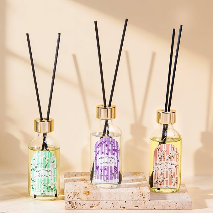 Reed Diffuser Set of 3 - Linen Lavender Jasmine Oil Diffuser with 15 Sticks, Reed Diffusers for Home Bathroom Shelf Air Freshener, 1.7 Fl. Oz Each, Total 5.1 Fl. Oz