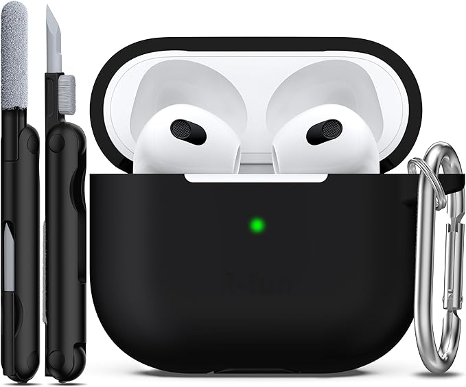 R-fun Compatible with AirPods 3 Case Cover, Silicone Protective Accessories Skin with Keychain Compatible with Apple AirPod 3rd Generation 2021 for Women Men Girls Boys,Front LED Visible,Black