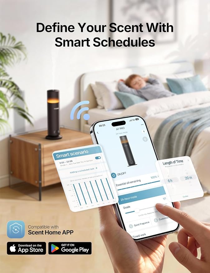 Waterless Essential Oil Diffuser with App Control for Home, Black | Up to 1100 sq ft Coverage, Cold Air, Nightlight, 120mL, Smart Schedules, Scent Air Machine for Home & Commercial Spaces