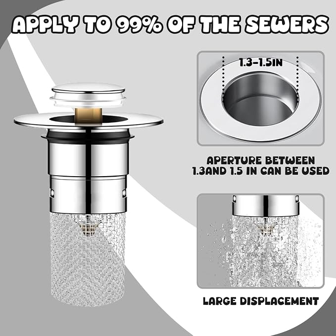 3Pcs Bathroom Sink Drain Strainer Hair Catcher, Stainless Steel Drain Stopper, Stainless Steel Floor Filter for Bathroom Sink Stopper Replacement