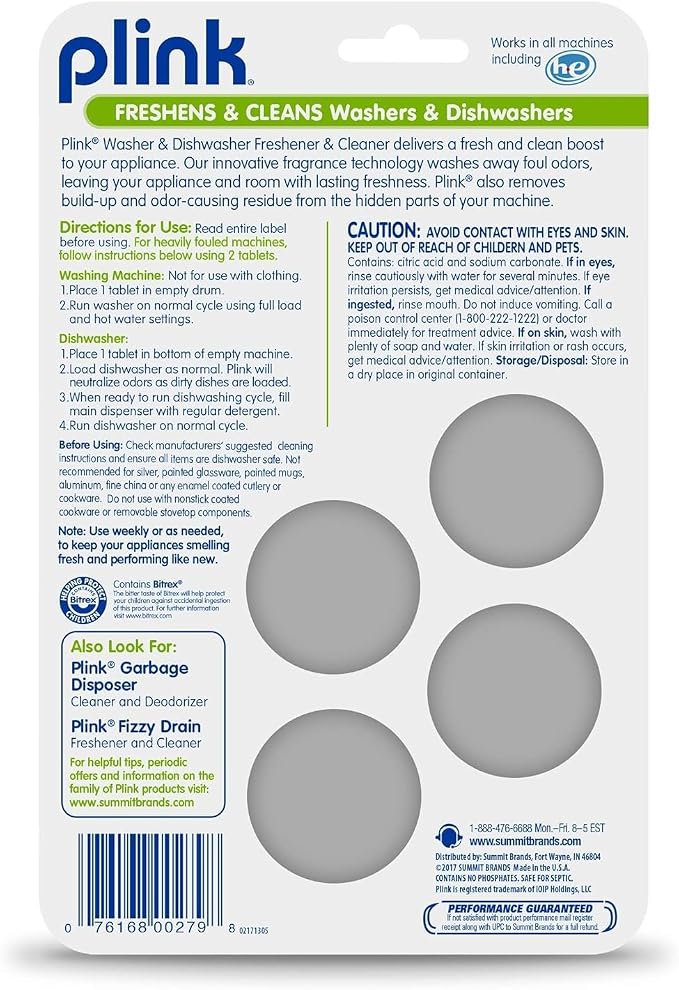 Plink-9024 Summit Brands Washer and Dishwasher Freshener Cleaner, 4 Tabs, Yellow, 1 Count (Pack of 8)