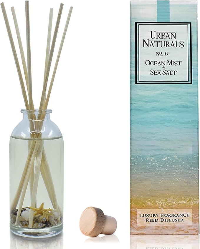 Reed Diffuser Set, Ocean Mist & Sea Salt - Bathroom Décor | Made with Essential Oils & Real Seashells, Decorative Air Freshener Room Diffuser