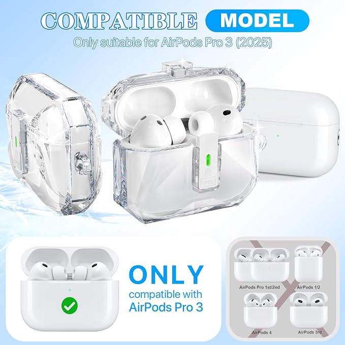 for AirPods Pro 3 Case Transparent with Lock, Clear White | Compatible MagSafe, Compatible with Apple AirPods Pro 3rd Generation Case with Cleaning Kit & Keychain, Auto Pop-Up