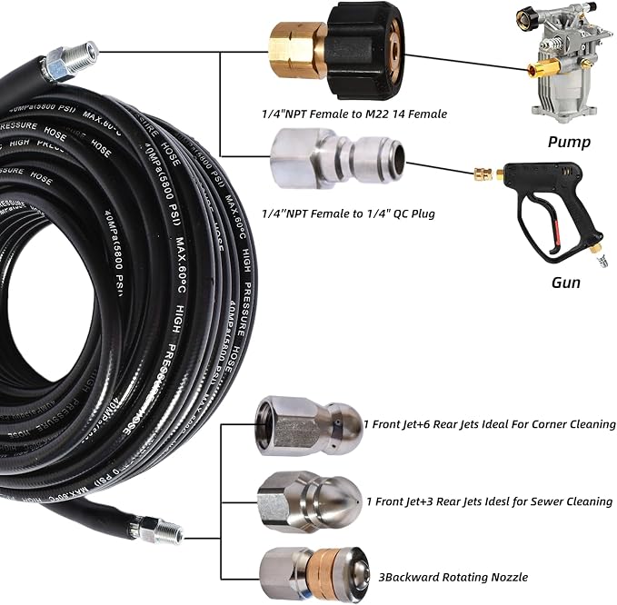 Sewer Jetter Kit for Pressure Washer 5800 PSI Drain Cleaner Hose 1/4 Female NPT,Button Nose,Pressure Washer Adapter,Button Hose Sewer Jetting Nozzle Pearl Corsage Pin Waterproof Tape with 2 Spanner