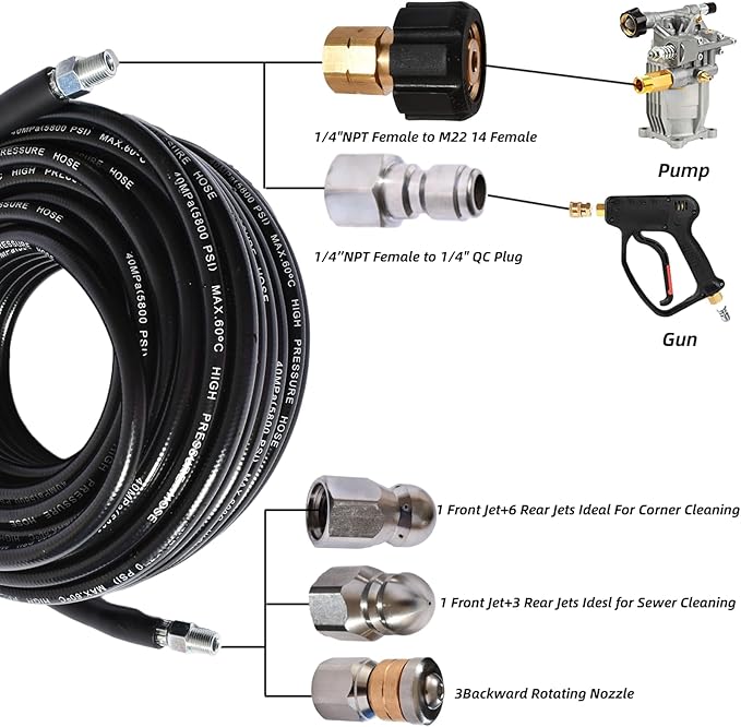 Sewer Jetter Kit for Pressure Washer 5800 PSI Drain Cleaner Hose 1/4 Female NPT,Button Nose,Pressure Washer Adapter,Button Hose Sewer Jetting Nozzle Pearl Corsage Pin Waterproof Tape with 2 Spanner