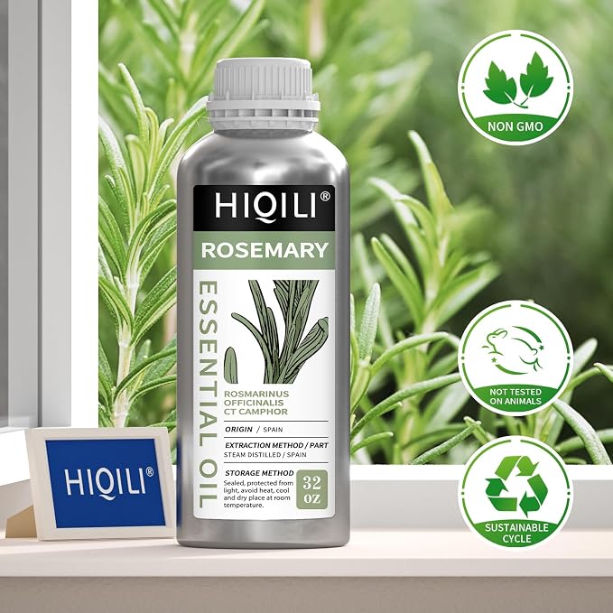HIQILI Rosemary Oil for Hair Care, Diffuser & DIY | Extra-Large with Four Travel Vials for DIY Shampoos, Conditioners, Massage, Fresh Scent —1000ml / 32 fl oz