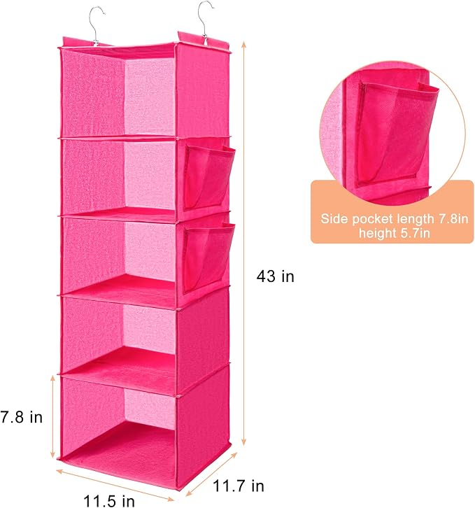 BOOMIBOO Hanging Closet Organize and Shelves,5-Hanging Shelf（Pink） | with 2 Side Pockets，Storage Foldable