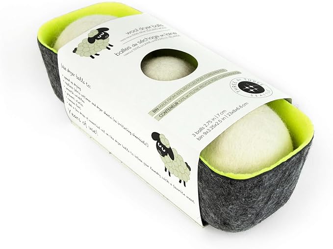 Three by Three Seattle Felt·Like·it!™ XL Wool Dryer Balls + Storage Bin: Reduce Drying Time, Static Cling, and Energy Use | Natural Alternative to Fabric Softeners | (Pack of 3 White Dryer Balls)