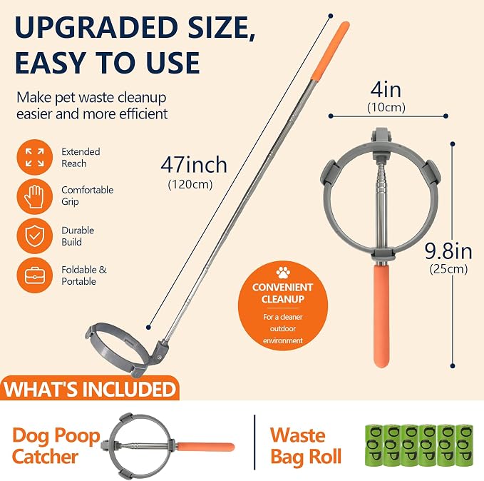 Dog Pooper Scooper with Bags, Long Handle No-Touch Dog Waste Picker Tool | With 90 Rolls Poop Bags, 47 Inch Extendable Handle, No Bending Cleanup, Portable Pooper Scooper for Yard, Walks and Travel