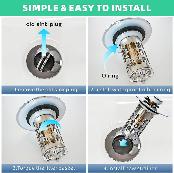 All Metal Pop-Up Stopper(1 Pack，Chrome) Bathroom Sink Drain Strainer Hair Catcher 304 Stainless Steel Filter Basket Brass Bullet Core for Washbasin with a Drainage Outlet of Size 1.1"-1.5"