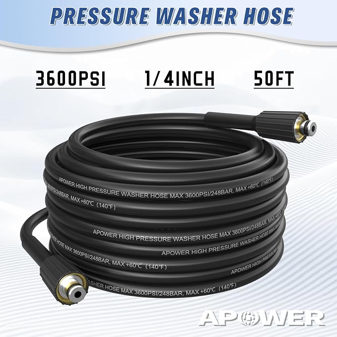 PVC Pressure Washer Hose 50 FT x 1/4", Kink Resistant Power Washer Hose, High Pressure Water Hose Extension Replacement for Home Use, 3600 PSI, Dark Black