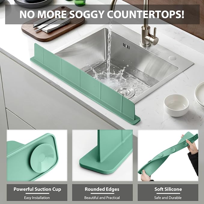 28Inch Silicone Sink Splash Guard with Strong Suction Cups, Flexible Kitchen Sink Splash Guard for Front of Sink, Easy to Clean Splash Guard for Kitchen & Bathroom (Green, 28''x2.8'')