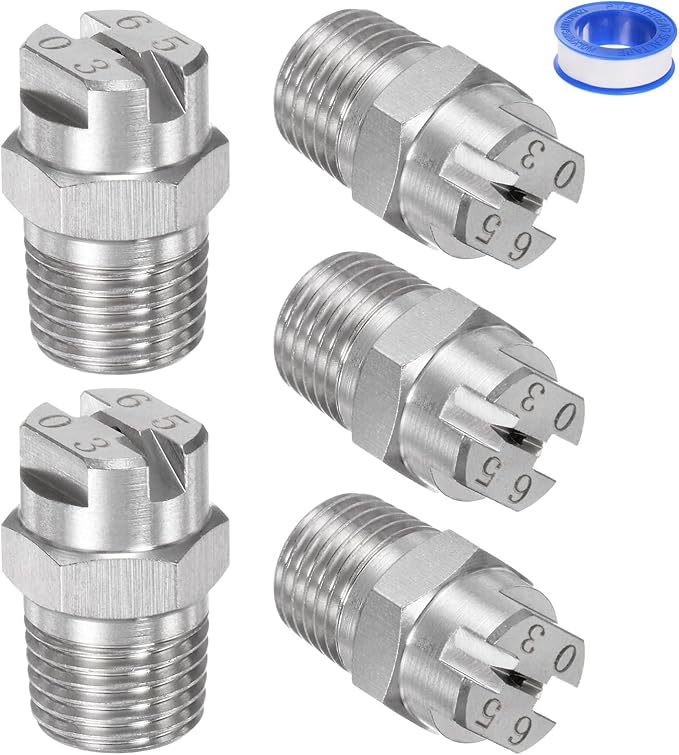 M METERXITY 5-Pack Flat Fan Spray Tip, 65 Degree 1/4BSPT Male Stainless Steel Pressure Washer Nozzles Cleaner Nozzle Replacement W Sealing Tape for Water Guns (1.1mm Orifice)