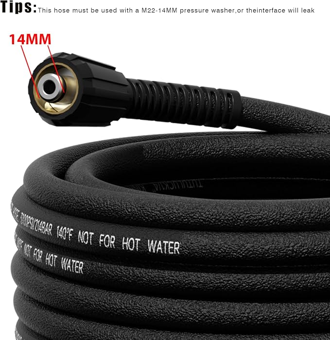 Pressure Washer Hose 50 ft, 3100 PSI 1/4" Flexible Kink Resistant Power Washer Hose, m22 14mm Thread High Pressure Replacement Hose for Ryobi, Greenworks, Simpson, Craftsman