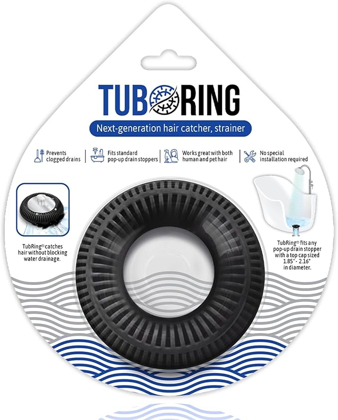 TubRing Pop-Up Drain Protector & Strainer Silicone Hair Catcher, Black | Easy snap-in design fits around bathtub stoppers. Customizable utility guard for clog prevention. Fits 1.85"- 2.16" drains.