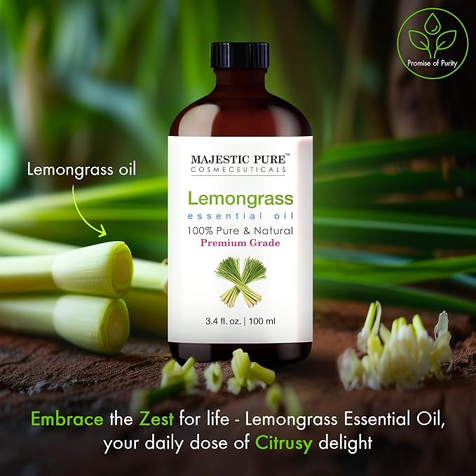 Majestic Pure Lemongrass Essential Oil for Diffuser - 3.4 Fl Oz | 100% Natural Essentials Oils Ideal for Relaxing Tense Mood, Eliminating Odor, Creating Peaceful Atmosphere for Sleep & Work