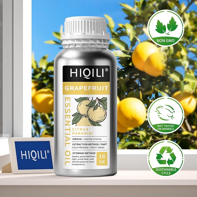 HIQILI Grapefruit Essential Oil for Skin Care, Diffuser & DIY | Large Bottle with Two Travel-Size Vials for Custom Blending and Spa Massage, Refreshing Citrus Scent —500ml / 16 fl oz
