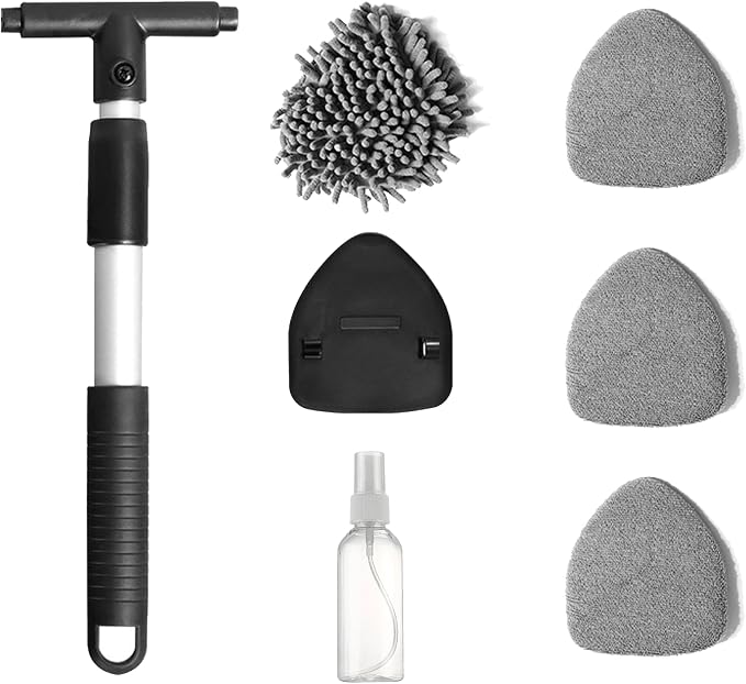 Car Windshield Cleaner Tool Kit with Extendable Handle, Vehicle Window Cleaner with 4 Microfiber Pads and 1 Empty Spray Bottle, Auto Windscreen Cleaning Tool, Universal Fit (Triangle)