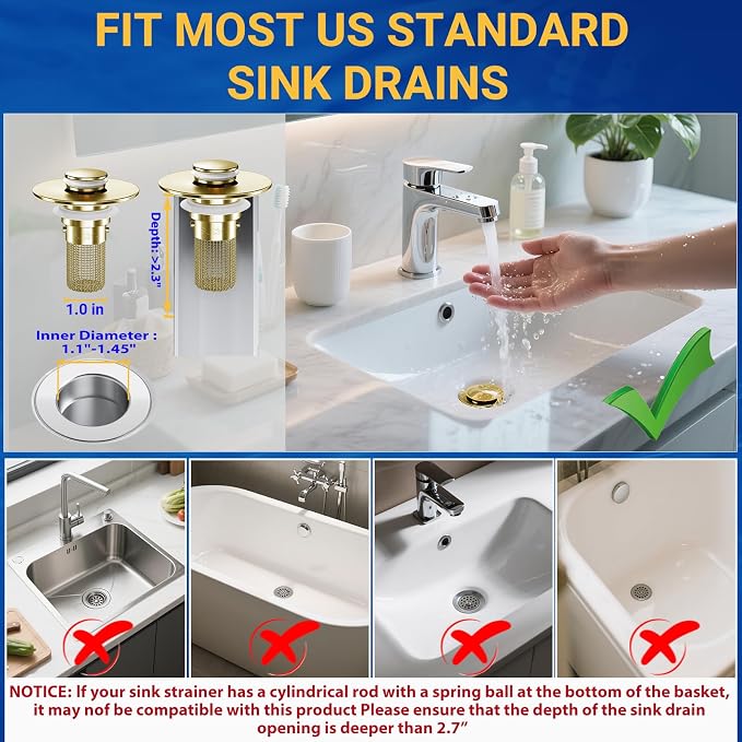 Bathroom Sink Drain Strainer, Pop-Up Bathroom Sink Stopper with Removable Stainless Steel Hair Catcher Basket, Universal Fit for US Bathroom Sinks, Showers & Floor Drains (1pcs-Gold)