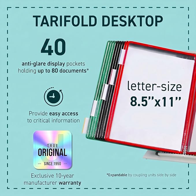 Tarifold Desktop Reference Display System, 40 Pockets, Expandable, Assorted | 40 double-sided PVC pockets, holds 80 letter-size sheets, sturdy metal base, quick-find indexing, quick and easy to assemble
