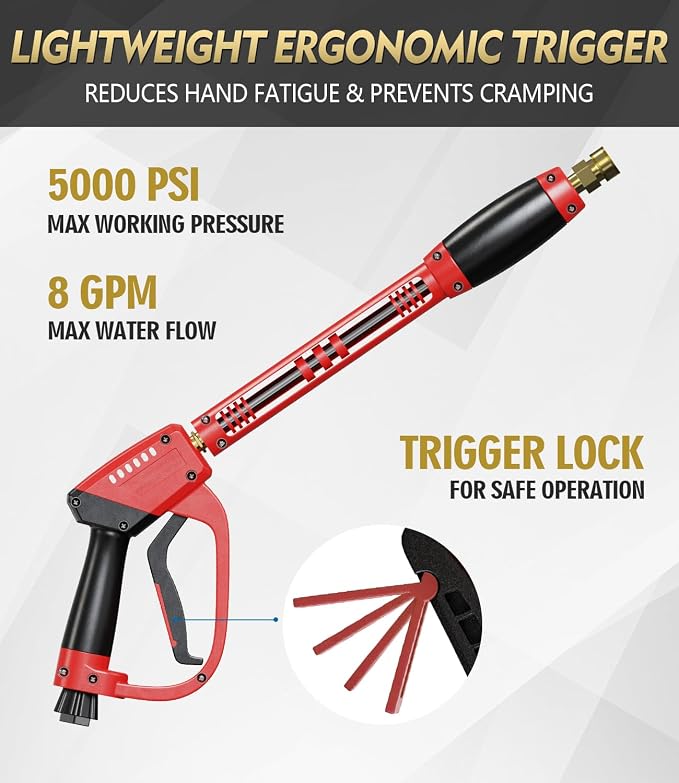 Pressure Washer Gun and Hose Kit, 4800PSI Flexible & Kink-Resistant - Steel Braided & Durable High Power Washer Hose 25 FT with 3/8" Swivel Quick Connector and M22 14mm Adapters & 5 Nozzles