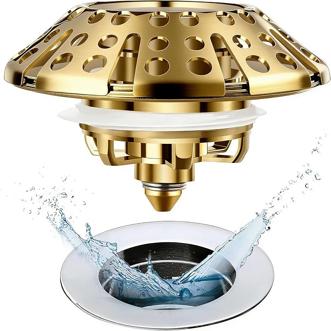 AzWzz Bathtub Drain Stopper, Pop Up Tub Stopper Plug with Bathtub Drain Hair Catcher Cover, Universal for 1.45 in to 1.8 in Tub Drain, Brushed Gold