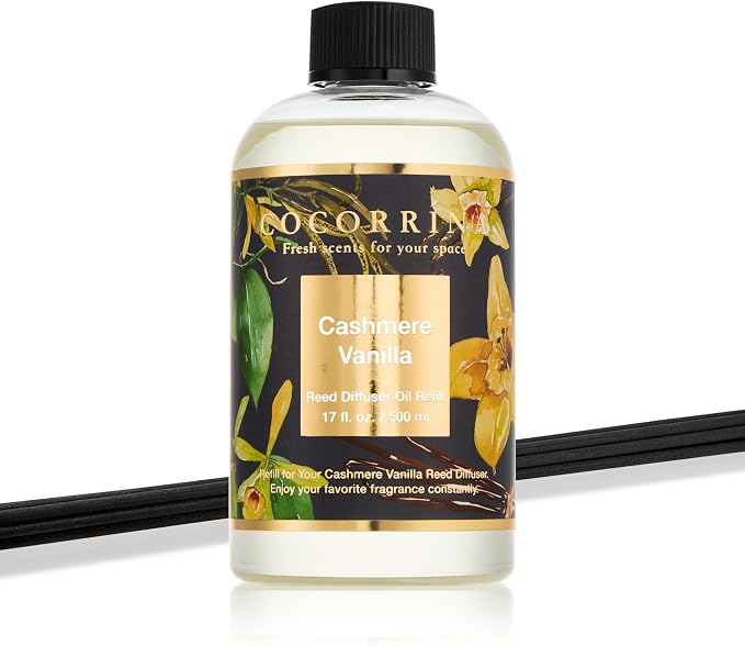 Reed Diffuser Refill Cashmere Vanilla 17oz (500ml) with 8 Rattan Sticks - Premium Long-Lasting Essential Oil, Home Fragrance for Bedroom, Bathroom Home Decor